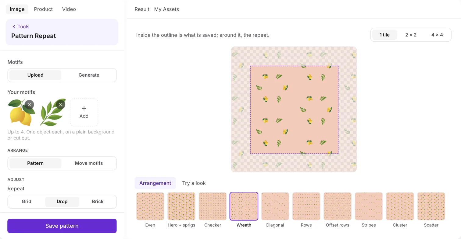 The Arrangement row, each thumbnail drawn with the user's own motifs