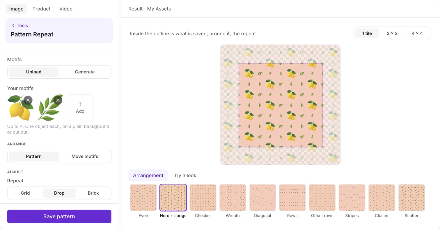 A lemon and leaf motif repeated as a half-drop, with the saved tile outlined