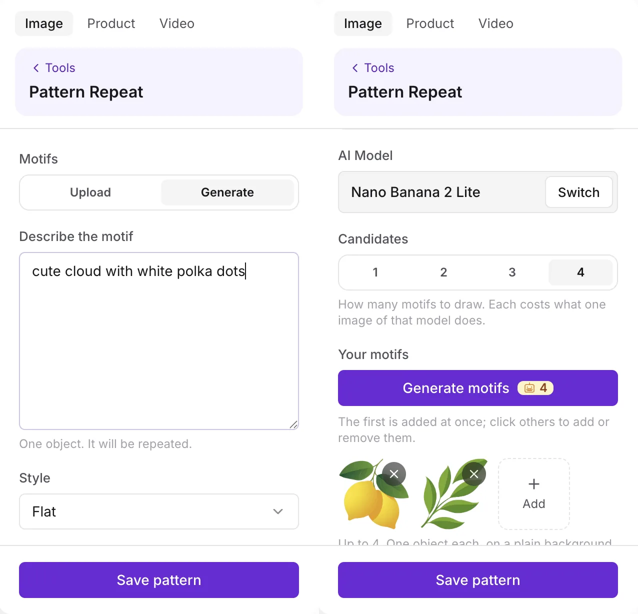 Generating motifs: a description, a style, an AI model and the number of candidates