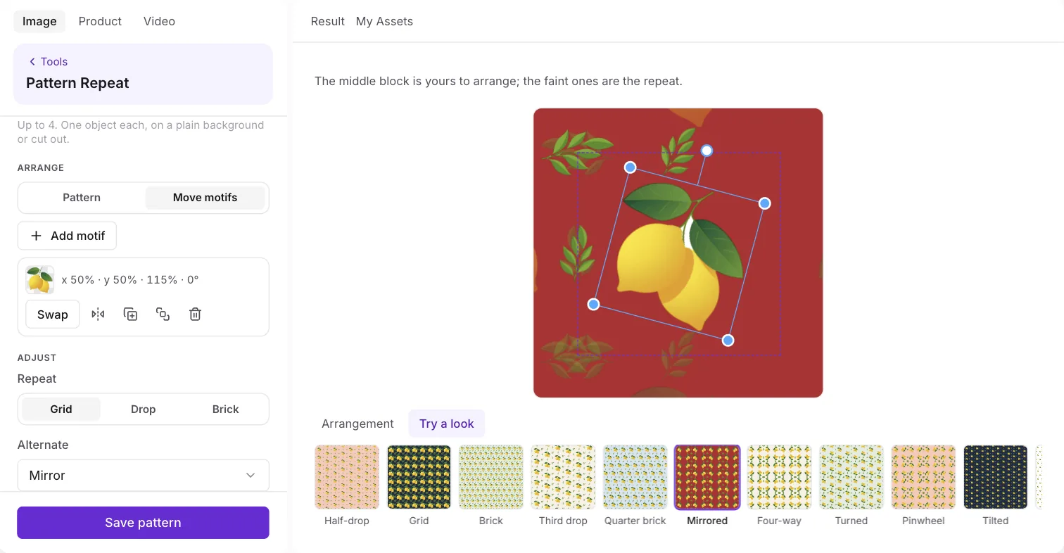 Move motifs: one block with a selected lemon and its transform handles